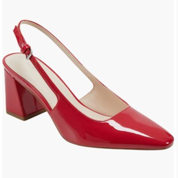 NWT Marc Fisher Leanea Slingback Red Glossy Faux-patent Leather Pump Block Heel - Picture 1 of 15